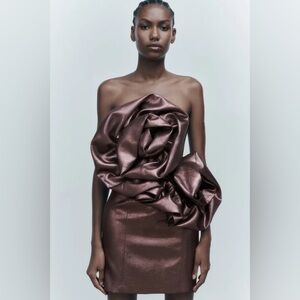 Zara voluminous flower dress — metallic pink NWT